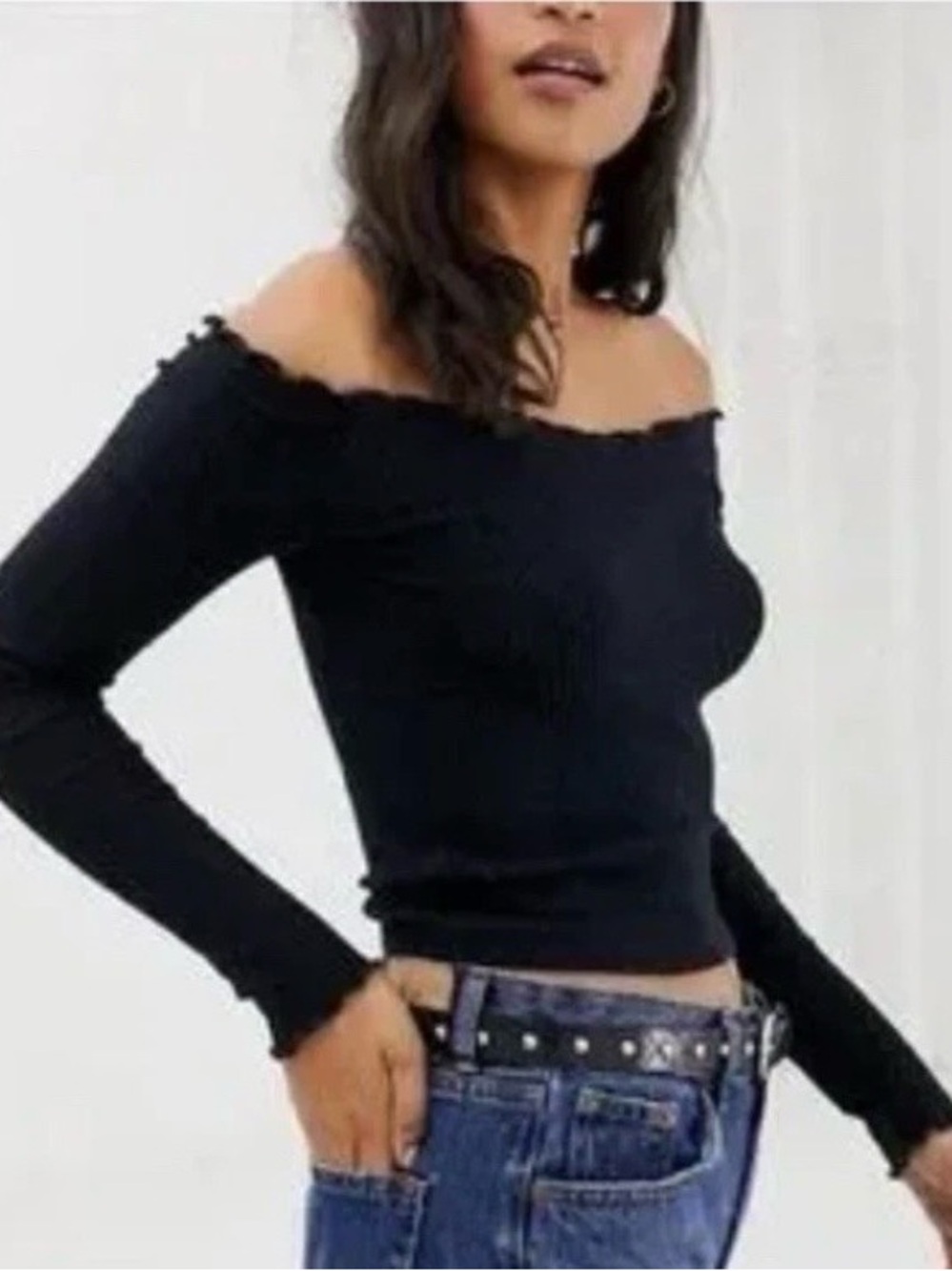 Abercrombie & Fitch Off-The-Shoulder Long-Sleeve Ribbed Knit Top Black sz XS